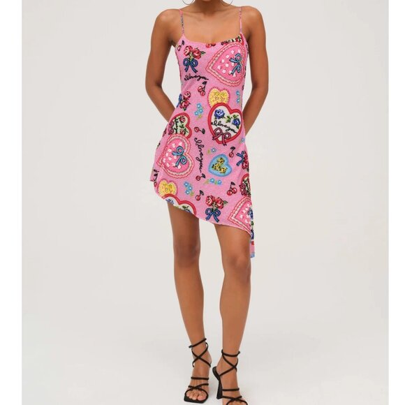 NWT FOR LOVE AND LEMONS I LOVE YOU BEADED PINK ASYMMETRICAL MINI DRESS SIZE XL - Picture 1 of 8